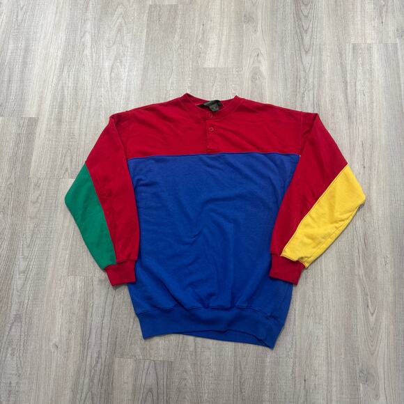 Vintage Boundary Waters Henley Sweatshirt Men's Medium Colorblock 90s Preppy - Picture 1 of 8